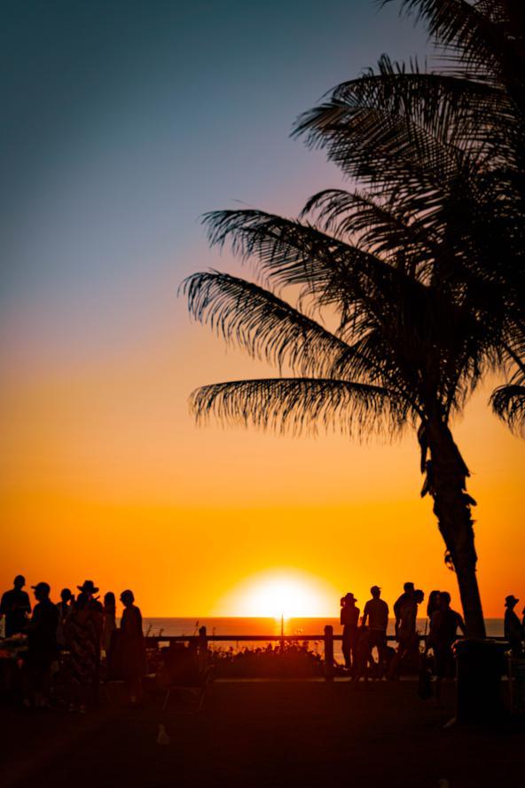Menschen genießen den Sonnenuntergang am Cable Beach in Broome mit Palmen im Vordergrund
