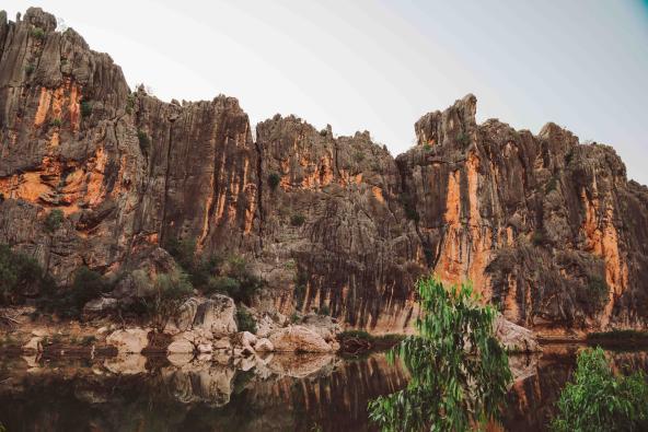 Steile Felswände der Windjana Gorge spiegeln sich im ruhigen Wasser des Flusses