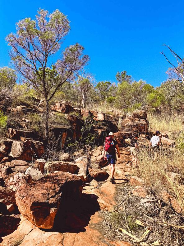 Wanderer auf felsigem Pfad durch das Outback auf dem Weg zur Galvans Gorge
