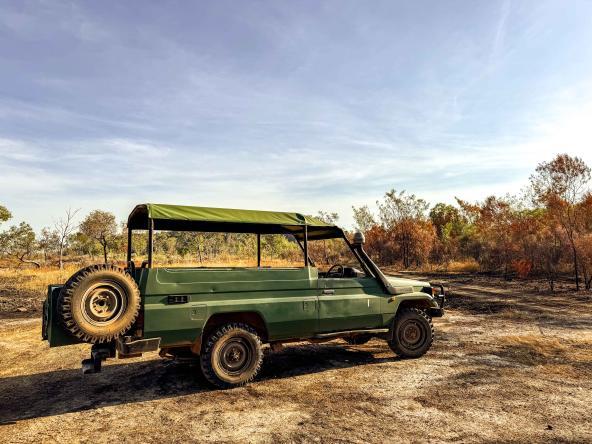 Grüner Offroad-Tourwagen steht in trockener Buschlandschaft mit herbstlich gefärbten Bäumen.
