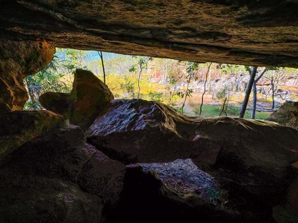 Blick aus einer niedrigen Felsenhöhle auf Buschland mit Bäumen und Felsblöcken; dunkler Innenraum, heller Ausgang.