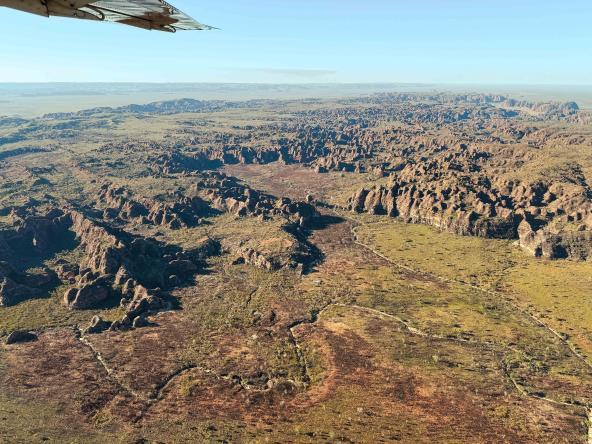 Luftaufnahme der Bungle Bungle Range mit ihren markanten Felskuppeln und tiefen Schluchten.