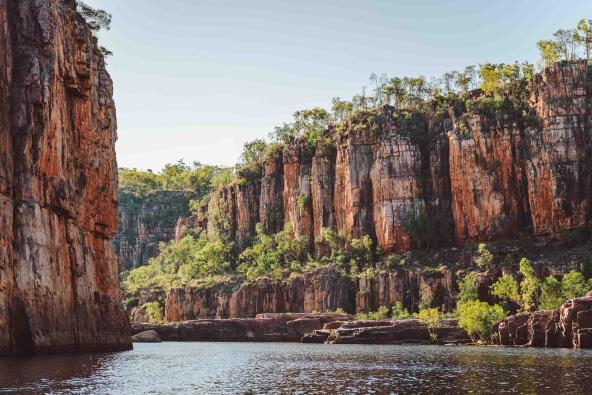 Blick auf die hohen, rotbraunen Felswände der Katherine Gorge mit Vegetation an den Klippen und ruhigem Wasser im Vordergrund.