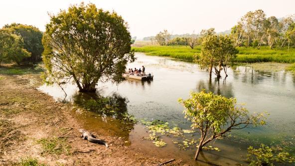 Kleines Ausflugsboot mit mehreren Personen fährt durch ein flaches Feuchtgebiet; im Vordergrund liegt ein Krokodil am Ufer.
