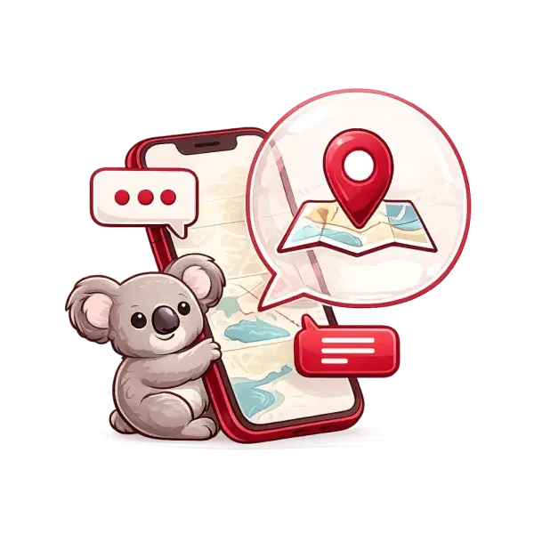 Ein Zeichentrick-Koala neben einem Smartphone, das eine Karte mit einer Standortnadel und Chat-Symbolen anzeigt.
