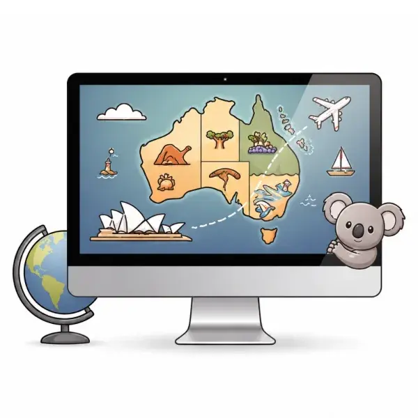 Auf einem Computerbildschirm wird eine Zeichentrickkarte von Australien mit Symbolen angezeigt; in der Nähe befinden sich ein Globus und ein Koalaspielzeug.