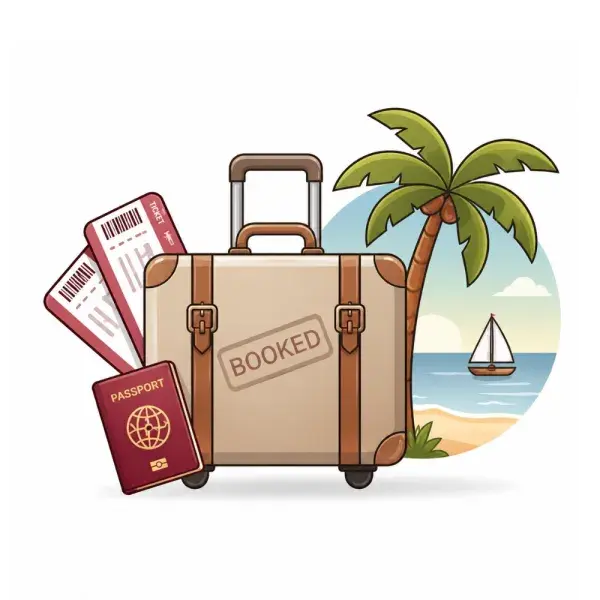 Koffer mit einem gebuchten Etikett, Pässen, Tickets und einer tropischen Strandszene mit einem Segelboot und einer Palme im Hintergrund.